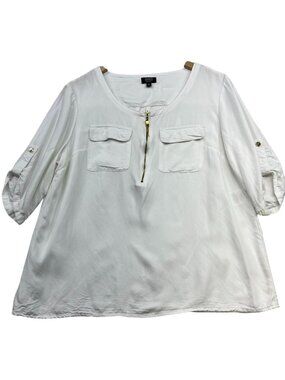 Jones New York Womens Signature Half-Zip Tunic Blouse Roll-Tab Sleeve Sz L White
